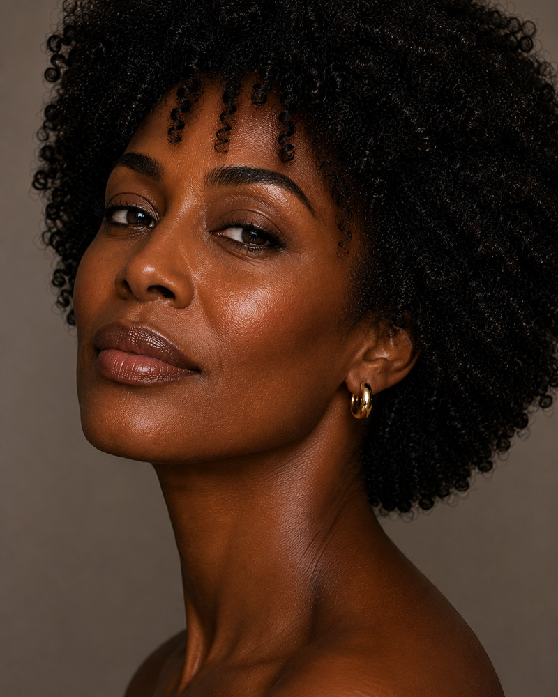 Portrait of a woman with natural curly hair, radiant skin, and gold hoop earrings.