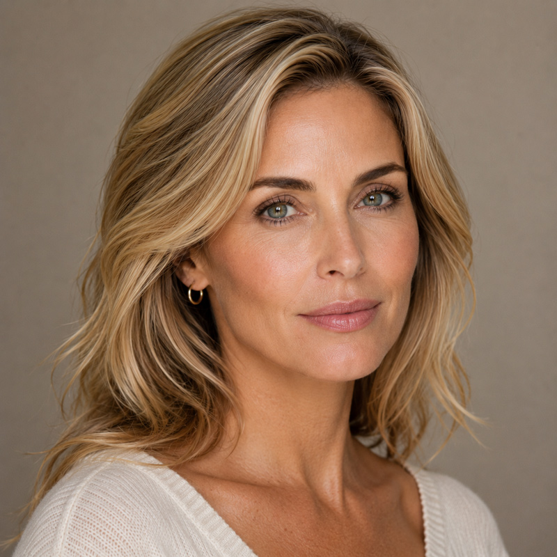 Close-up portrait of a woman with shoulder-length blonde hair looking slightly toward the camera against a neutral background.
