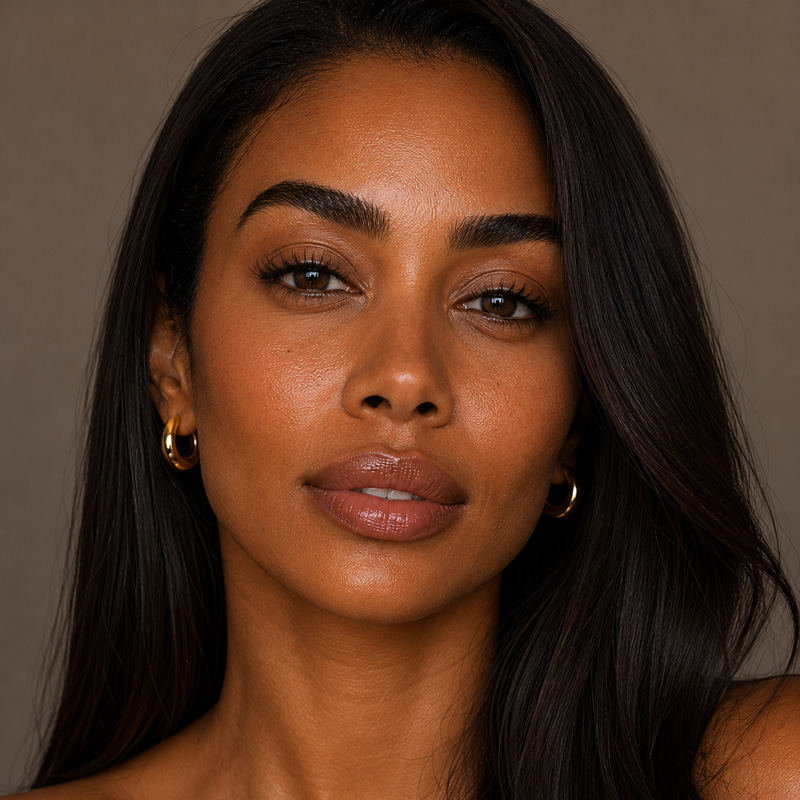 Woman with long dark hair and gold hoop earrings.