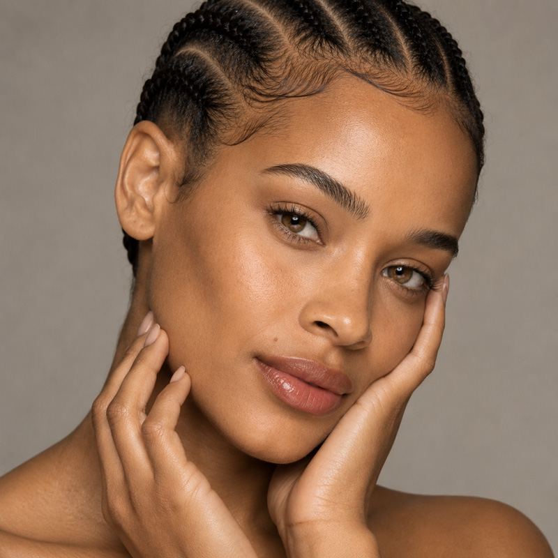 Woman with braided hair resting her face in her hands.