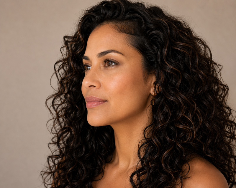 Woman with curly dark hair looking to the side.
