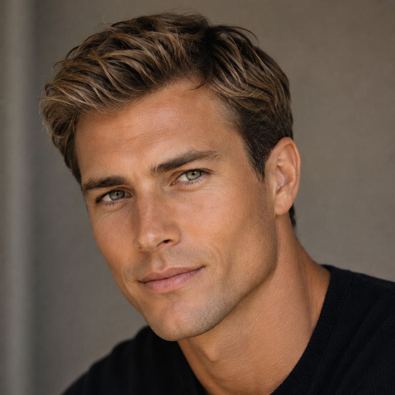 Smiling man with short styled hair.