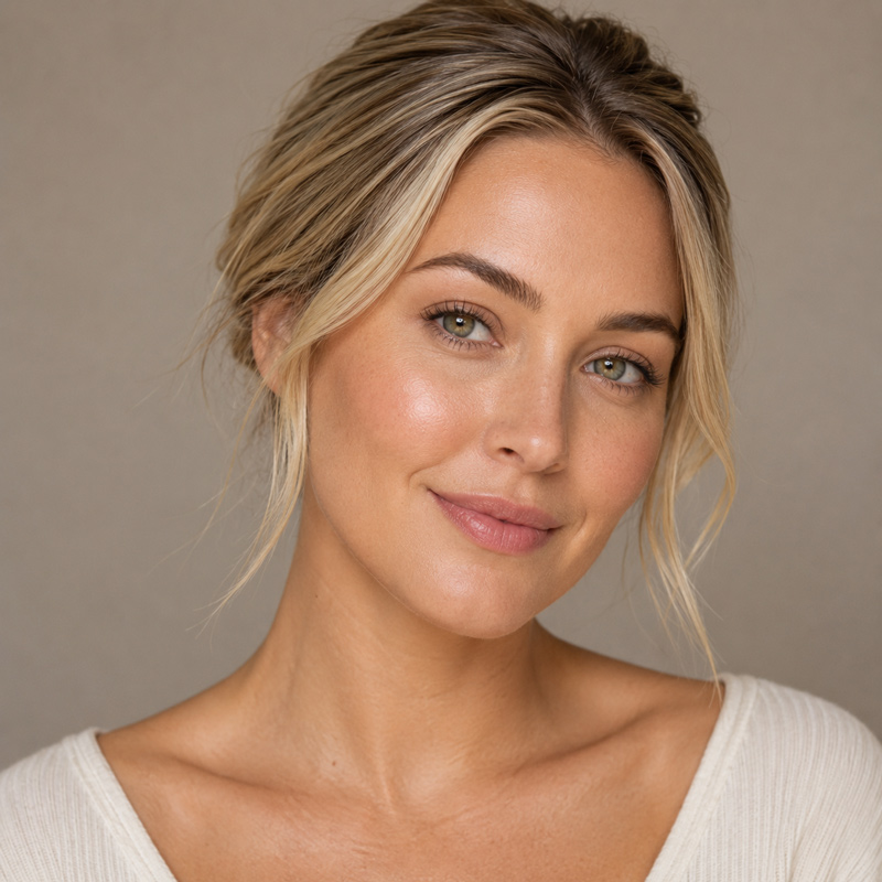 Portrait of a smiling woman with blonde hair in a loose updo, facing the camera at a slight angle.