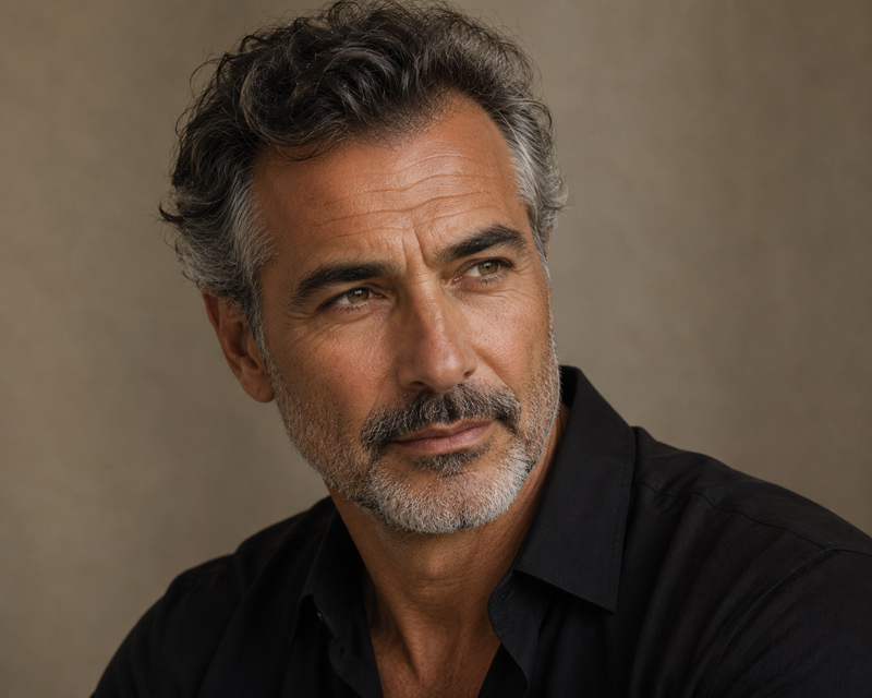 Man with salt-and-pepper hair and beard looking off to the side against a neutral background.