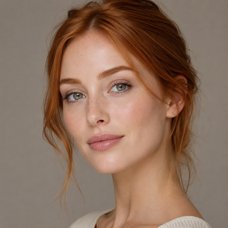 Portrait of a woman with red hair in a loose updo looking toward the camera against a neutral background.
