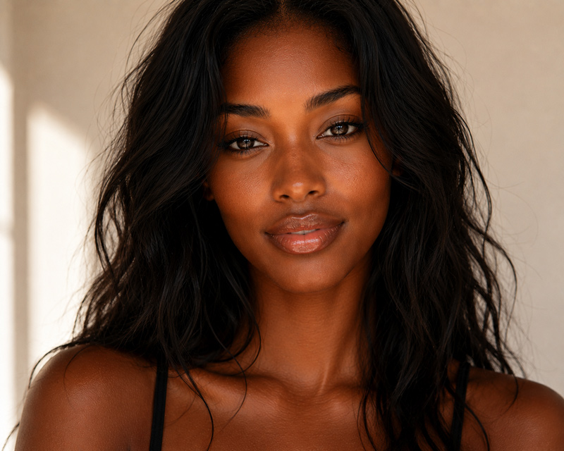 Woman with long dark hair looking directly at the camera in natural light.