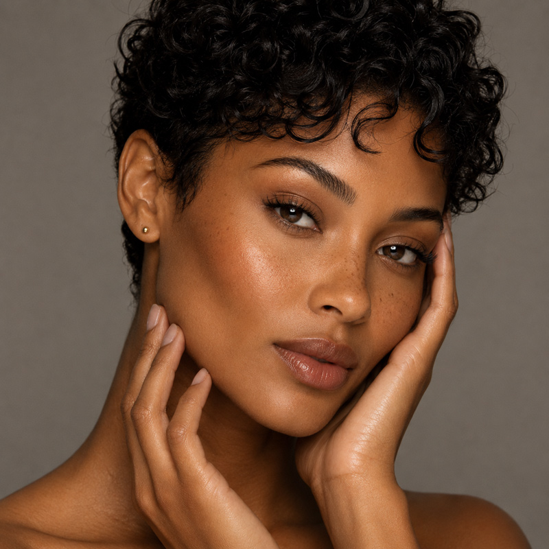 Woman with short curly hair resting her face in her hands while looking toward the camera.