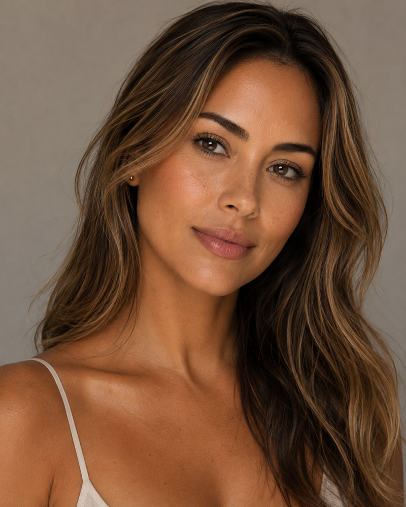Woman with long light brown hair looking toward the camera against a neutral background.