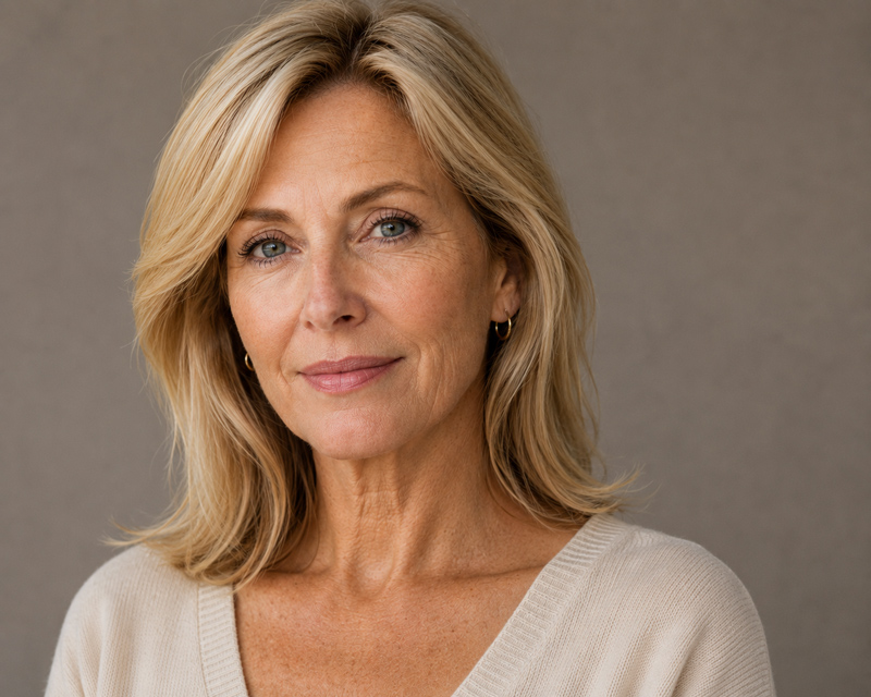 Portrait of a mature woman with shoulder-length blonde hair looking toward the camera against a neutral background.