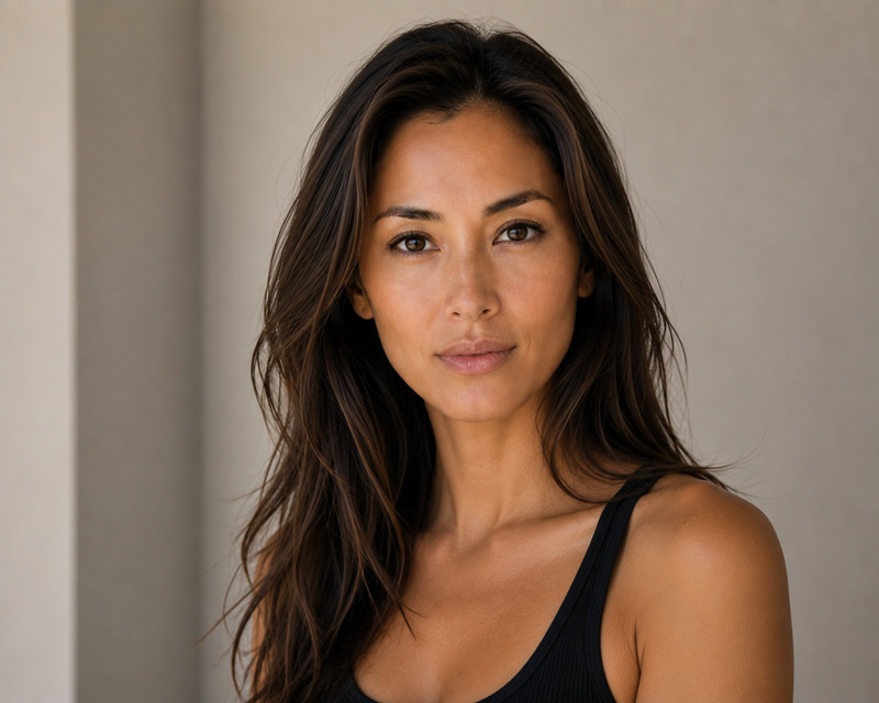 Woman with long dark hair looking toward the camera in natural light.