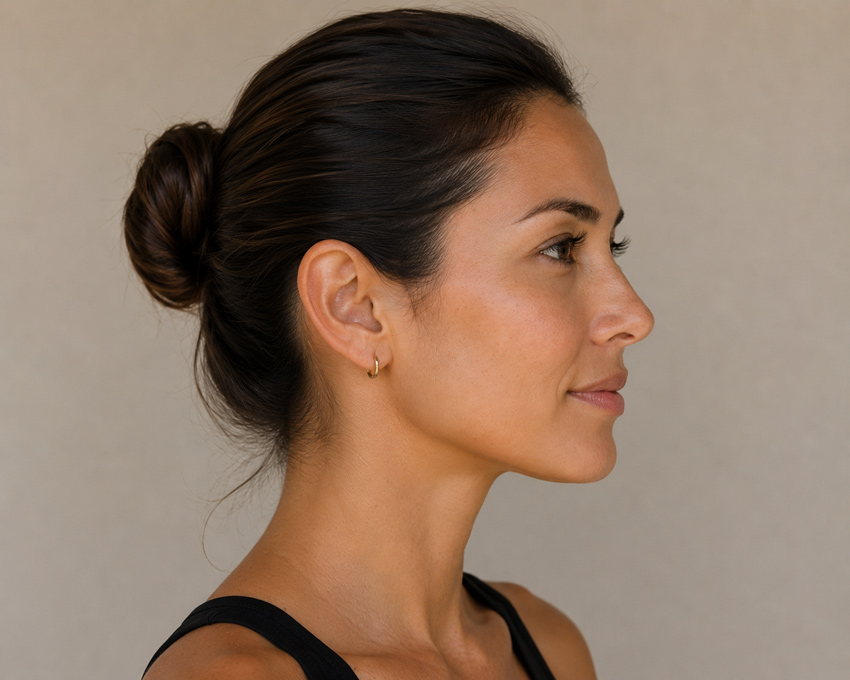 Side profile of a woman highlighting the natural contours of the face and neck.