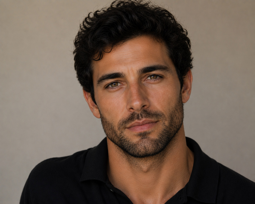 Portrait of a man with a full head of hair following hair restoration treatment.